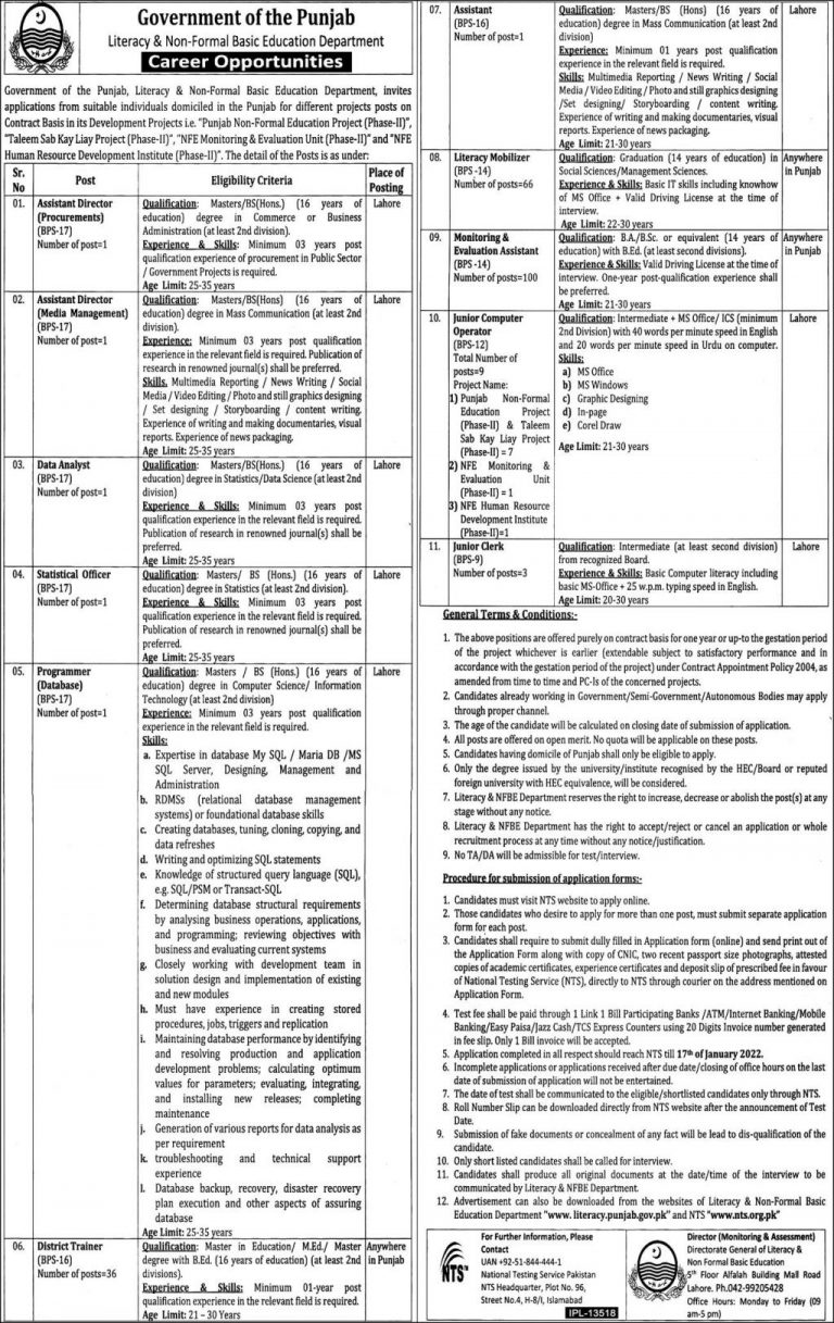 Literacy And Non Formal Basic Education Department New Jobs