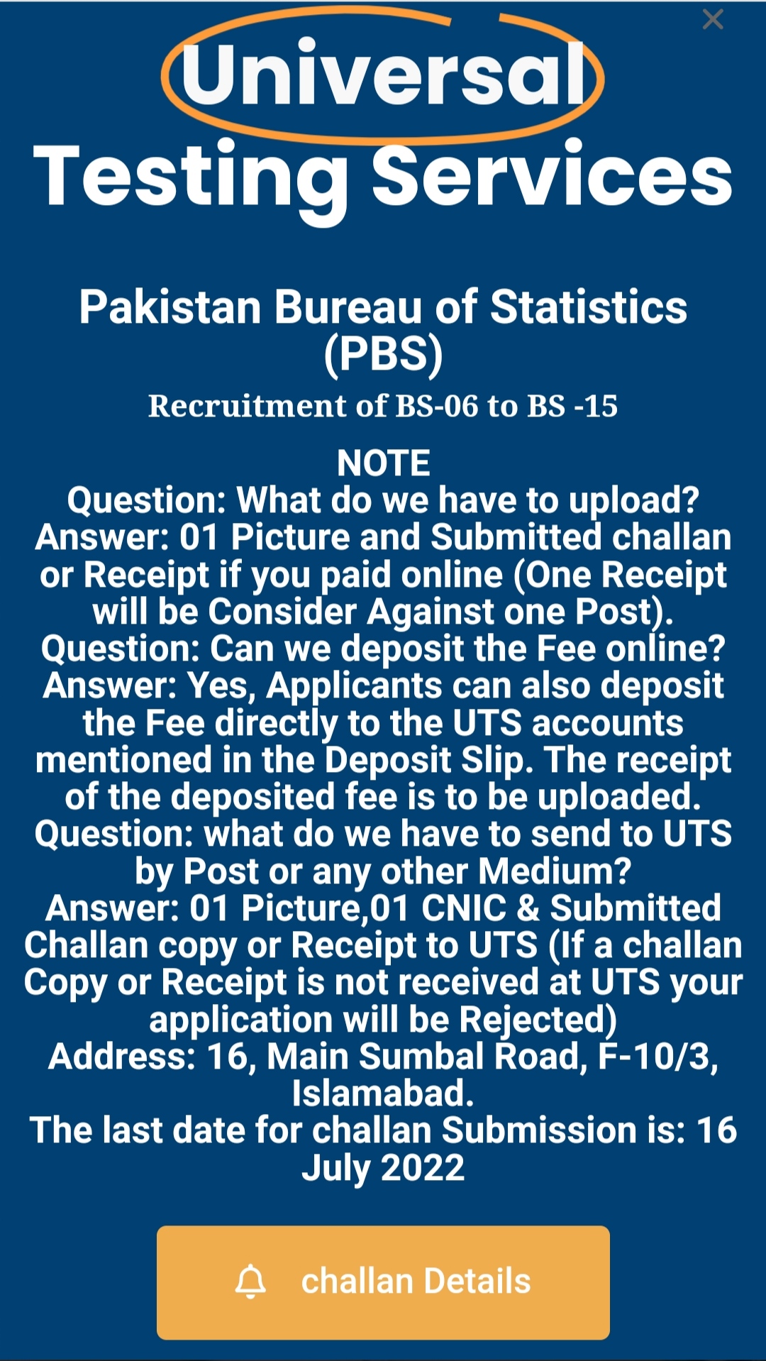 Pakistan Bureau Of Statistics UTS TestApply Via