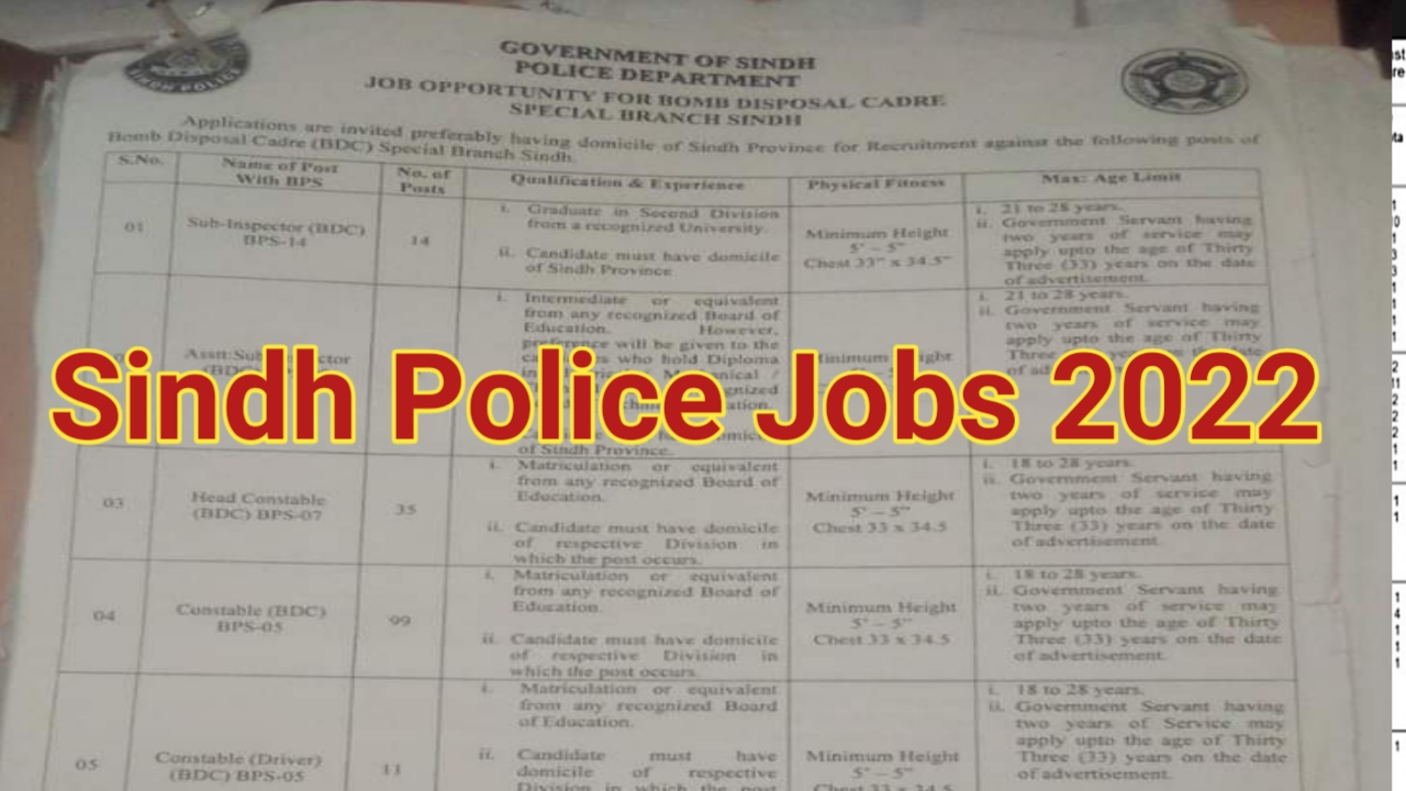 Sindh Police Bomb Disposal Cadre Jobs 2022- Download Sindh Police Jobs Application form