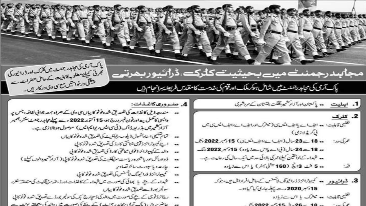 Pak Army Mujahid Regiment Force Jobs 2022 ||Mujahid Regiment Force Jobs as Clerk and Driver||