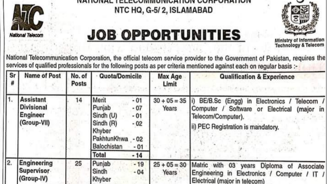 National Corporations NTC Islamabad Jobs 2022 Online