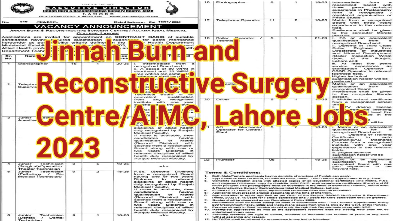 Jinnah Burn And Reconstructive Surgery Centre, AIMC Lahore Latest Jobs 2023