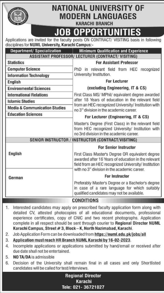 NUML University Karachi Latest Jobs Advertisement 