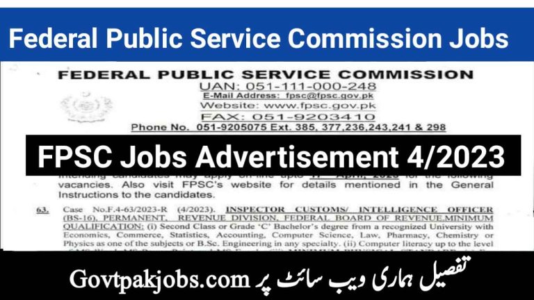 FPSC Adv No 4/2023 Jobs Online Apply via www.fpsc.gov.pk