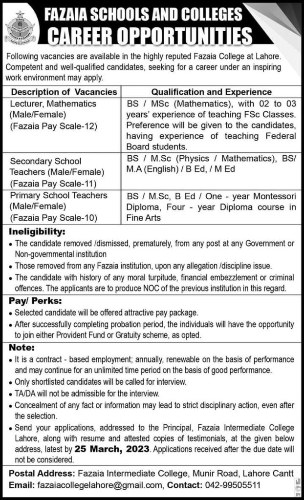 Fazaia Schools and Colleges Lahore Jobs 2023