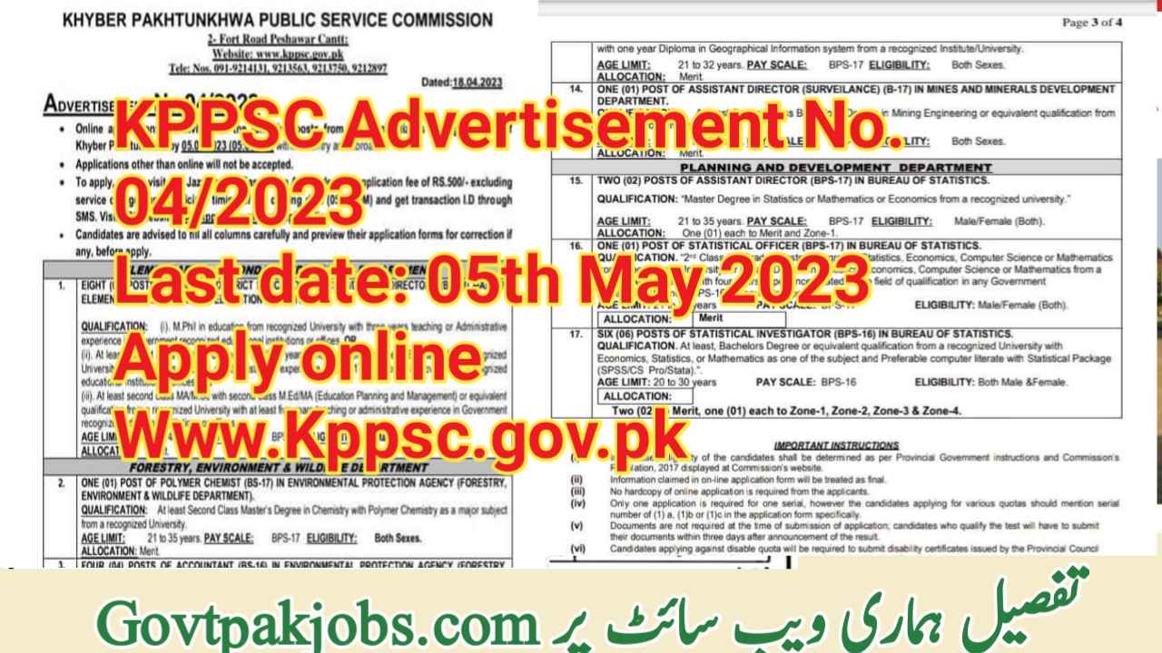 KPPSC Adv No 4/2023 Jobs Online Apply Via Www.kppsc.gov.pk ...