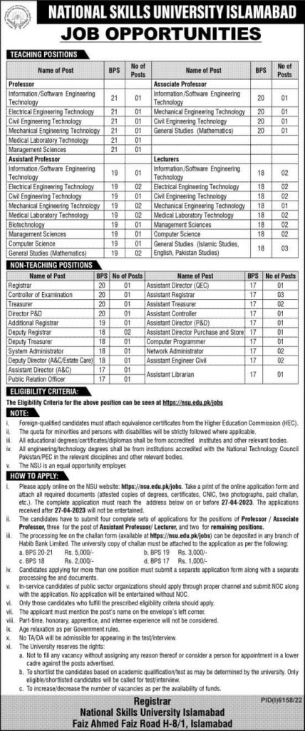 National Skills University Islamabad Jobs 2023
