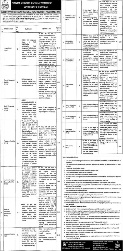 Primary and Secondary Healthcare Department NTS Jobs 2024 Advertisement 